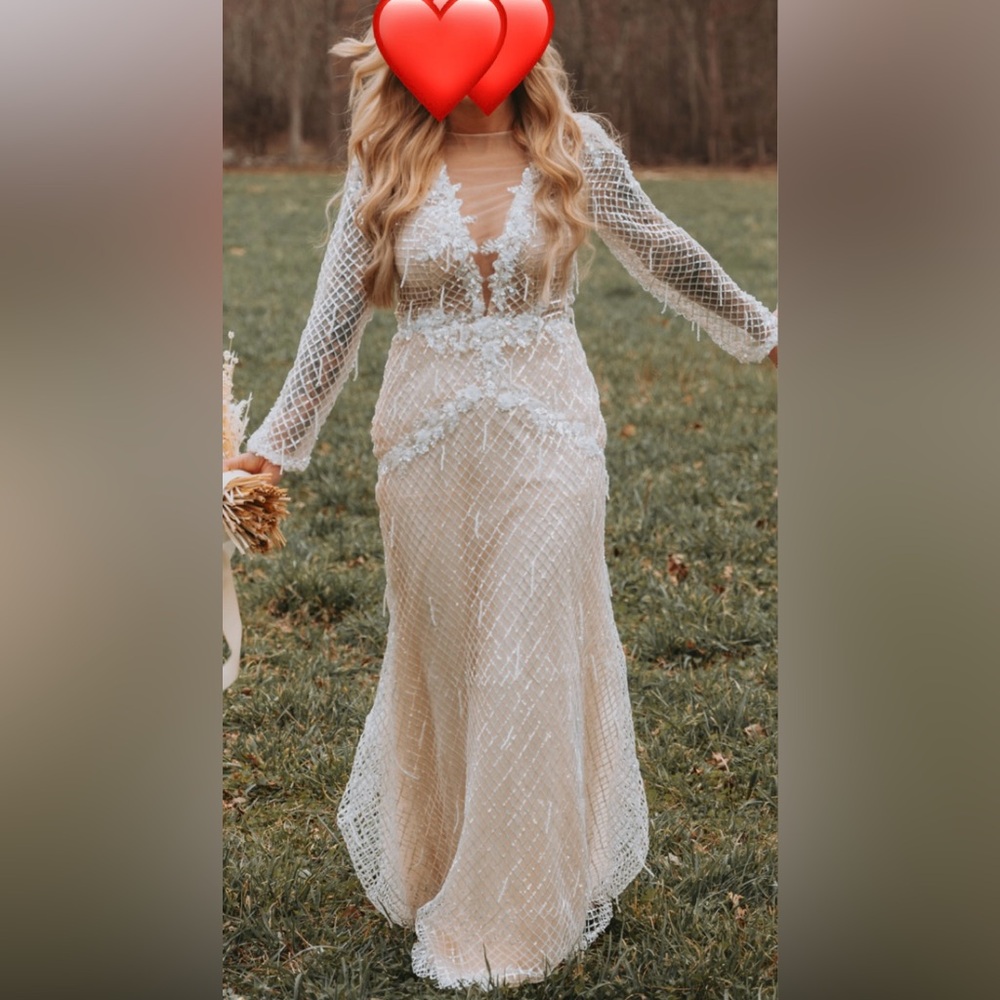 Sheer Beaded Ivory Lace Gown